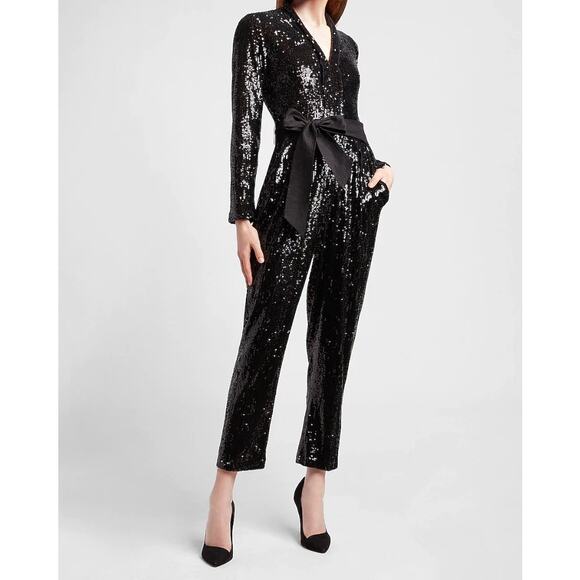 Express Black Sequin Long Sleeve Jumpsuit with Tie Belt and Pockets size S - Picture 2 of 9